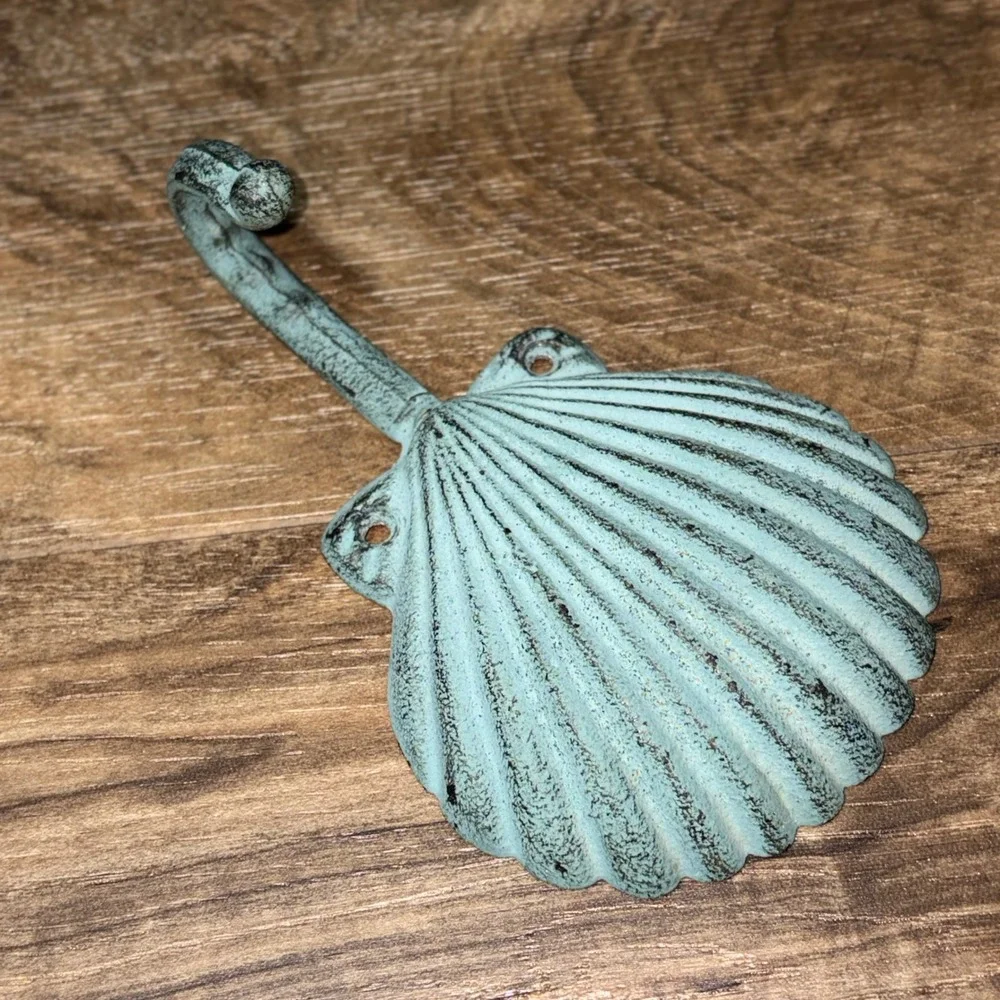 Cast Iron Beach Seashell Wall Hook Distressed Teal Scallop Shell 7x4